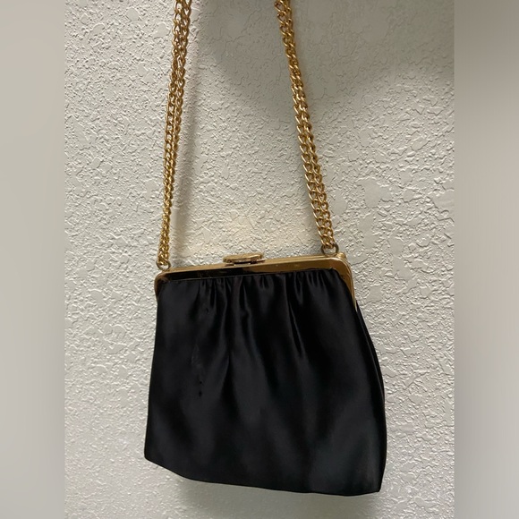 Vintage Mardane 50’s Black Silk Clutch Top Handle Gold Chain Handbag Purse - Picture 10 of 12